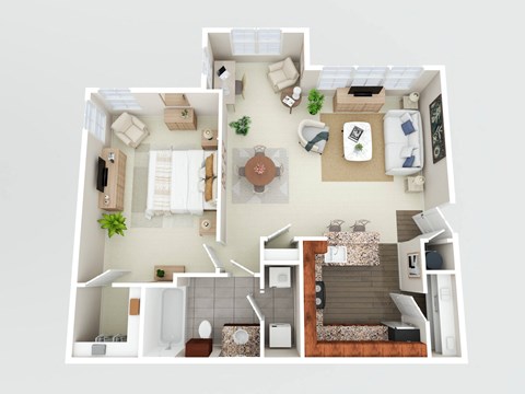 Floor plan for 1 bed, 1 bath, 837 sqft